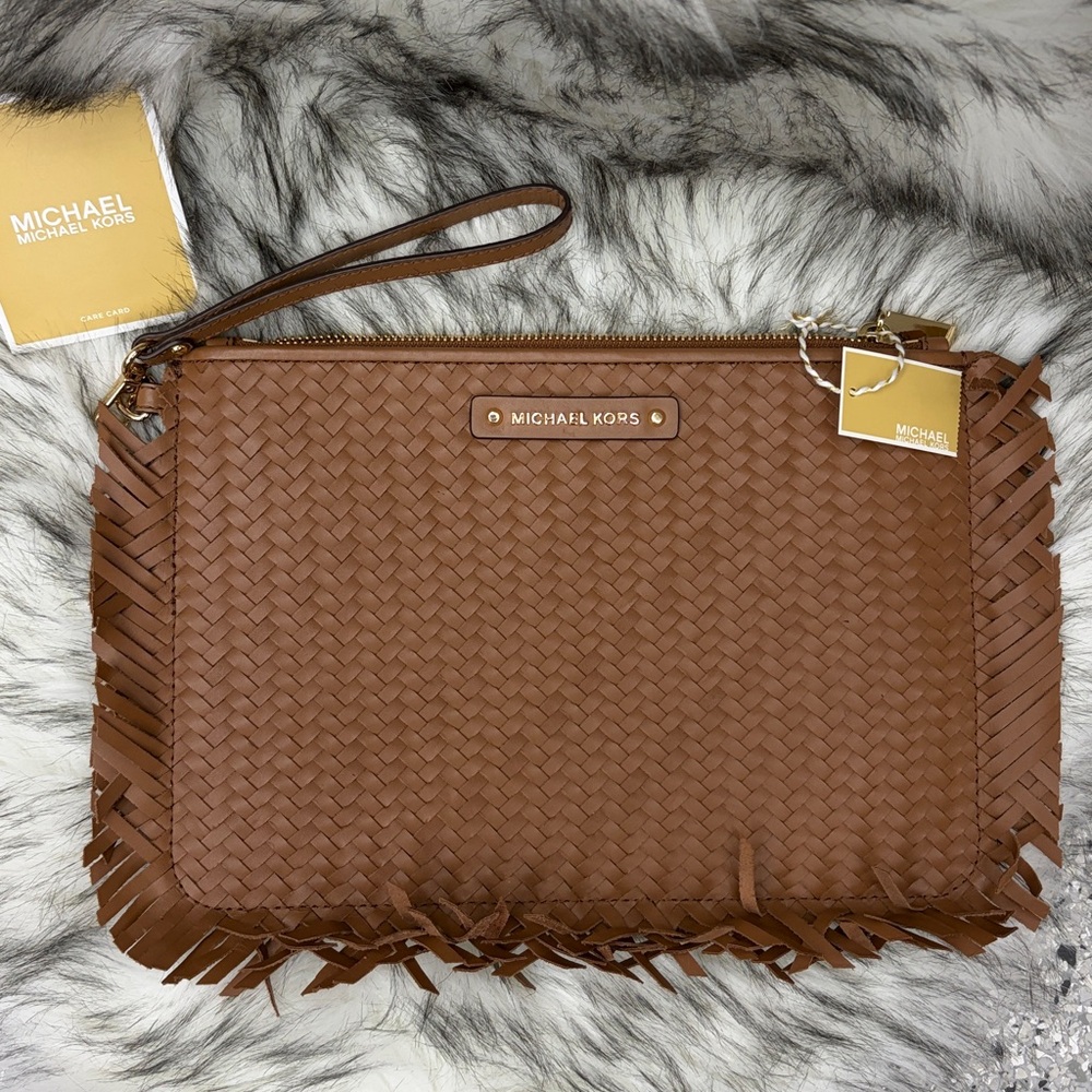 Michael Kors jet set Tan Woven leather large Fringe Clutch wristlet - Picture 6 of 9